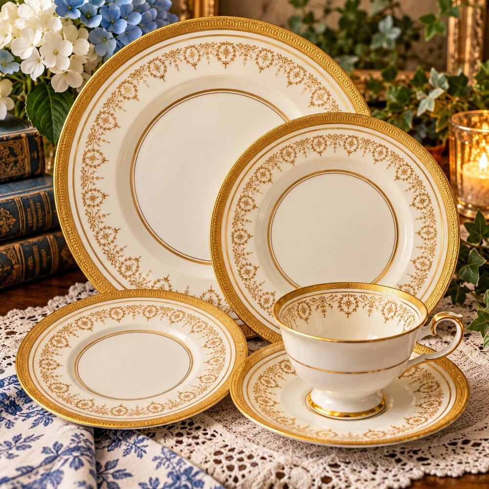 Vintage Aynsley Gold Dowery 5-Piece Bone China Place Setting - Mint Condition